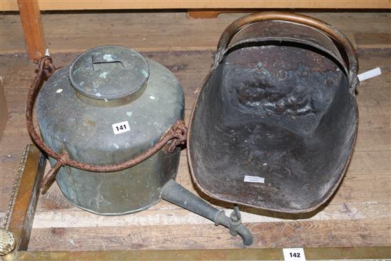 Victorian copper kettle and copper coal helmet (2)